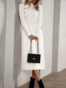 SHEIN LUNE Vestido de punto de cuello alto con diseño de botón - Blanco - Ver 5
