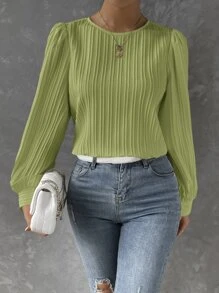 SHEIN Privé 燈籠袖素色襯衫 - 青檸色 - 查看 1