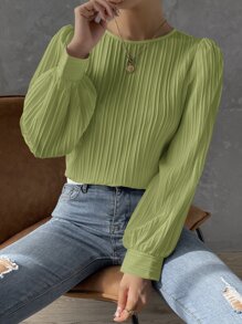 SHEIN Privé 燈籠袖素色襯衫 - 青檸色 - 查看 3
