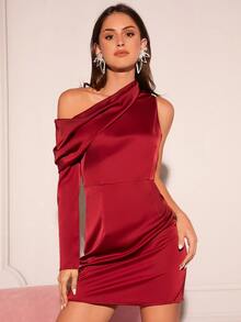 SHEIN BAE Đầm Bất đối xứng Dây kéo Xù màu trơn Buổi tiệc - Màu Đỏ Sâu - Xem 3