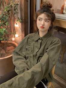 Solid Drawstring Hem Button Up Shirt,Long Sleeve Tops