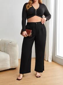 SHEIN LUNE Plus High Waist Plicated Detail Trousers - Black - View 4