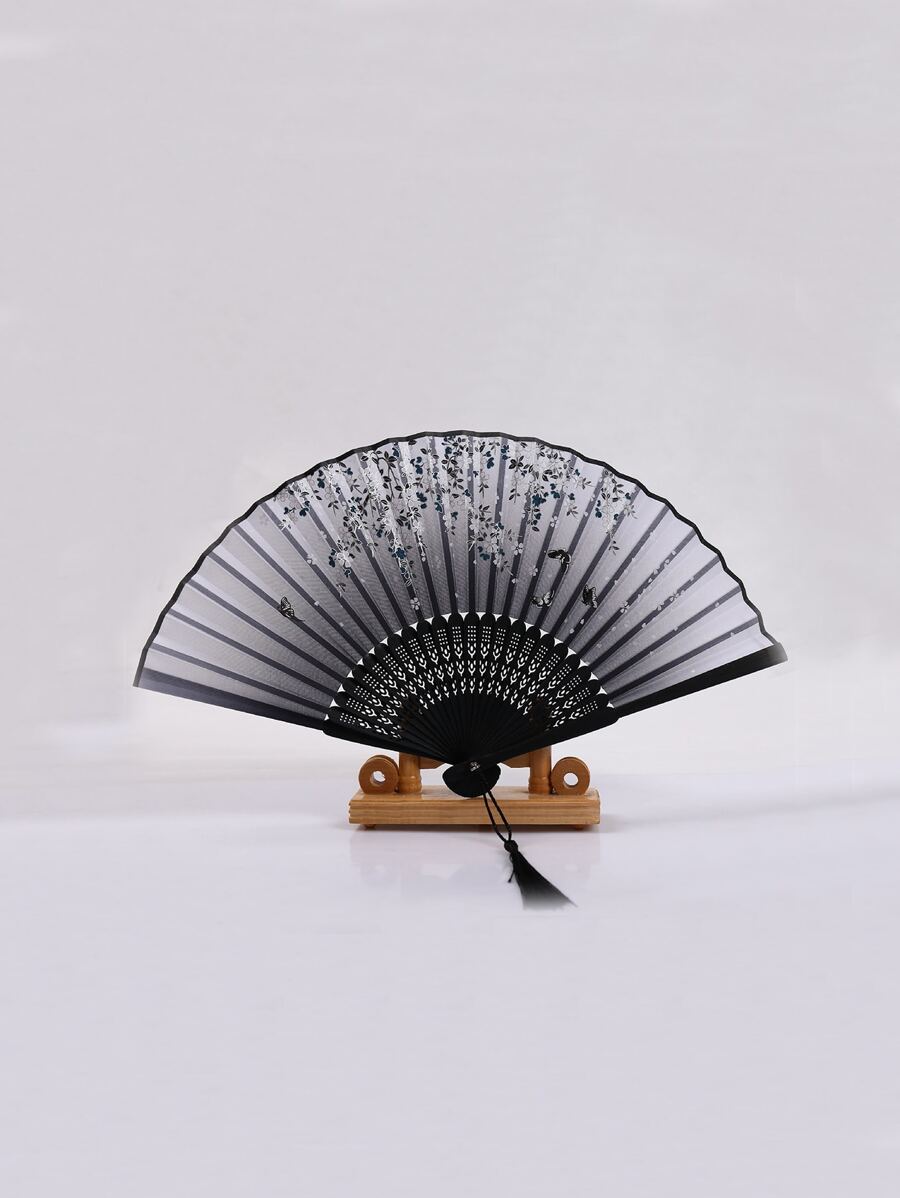 1 chiếc quạt cầm tay in hình hoa và bướm ngẫu nhiên, quạt trang trí phong cách Trung Hoa dùng để trang trí nhà cửa đẹp nhất - màu đen - Xem 1