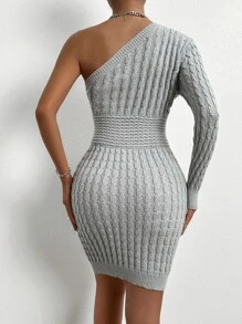 Vestido de punto de un hombro tejido de cable - Gris Claro - Ver 2