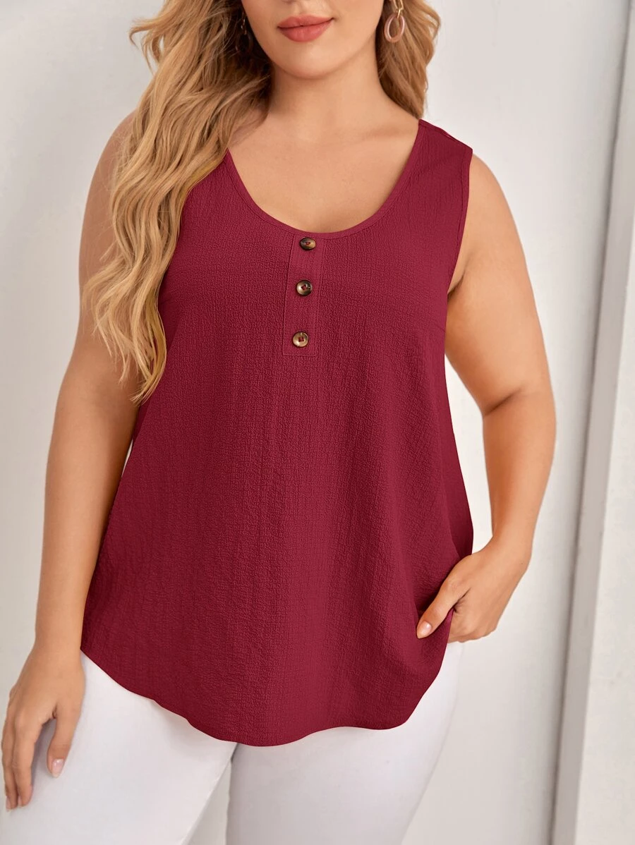 EMERY ROSE Botões na frente Simples Casual Regata Plus Size - Fúcsia - Visão 1