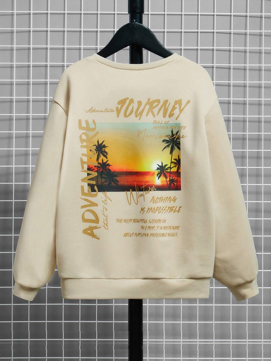 SHEIN Boys Slogan & Scenery Print Drop Shoulder Sweatshirt - Khaki - View 1