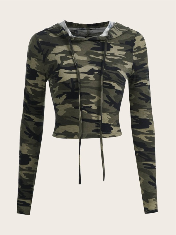 SHEIN Coolane Camo Print Drawstring Crop Hoodie