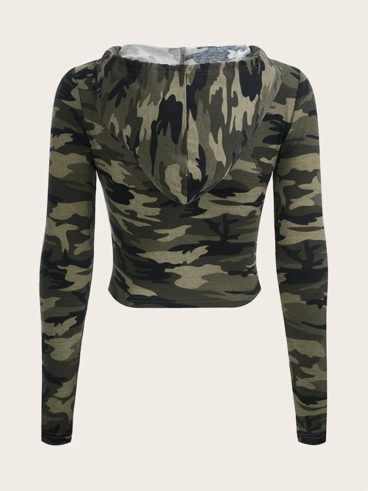 Camo Print Drawstring Crop Hoodie In Fall/Winter