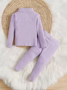 SHEIN Bộ đồ Em bé Gân đan màu trơn Giải trí - Màu Lilac Tím - Xem 2