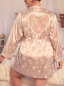 Bata jacquard en forma de corazón con encaje con cinturón de satén - Champán - Ver 2