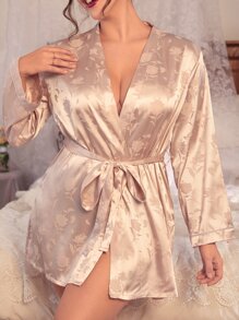 Bata jacquard en forma de corazón con encaje con cinturón de satén - Champán - Ver 5