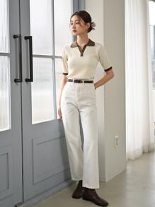 DAZY Áo dệt kim nữ Tương phản ren Khối Màu Giải trí - Màu be - Xem 7