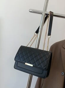 Quilted Chain Flap Square Bag - Black - View 1