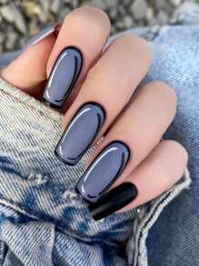 Get Glamorous with 24pcs Long Square Black Blue Matte Two Tone Fake Nail & 1pc Nail File & 1sheet Tape - Multicolor - View 1