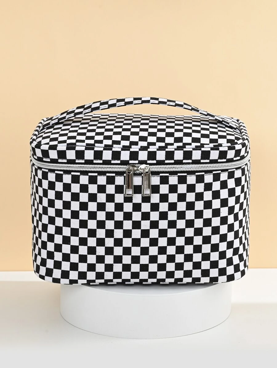1入黑白格紋帆布便攜旅行大容量時尚簡約儲物化妝包，女士女孩儲物化妝品組織者化妝箱 - 黑與白 - 查看 1