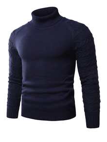 Manfinity Hombres Jersey cuello alto de manga raglán tejido de cable - Azul Marino - Ver 3