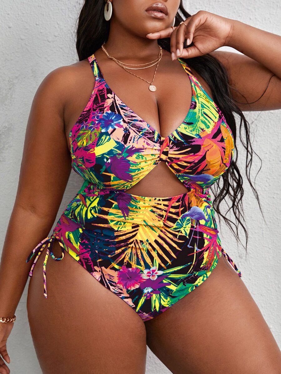 SHEIN Slayr Summer Beach Plus Tropical Print Cut Out Crisscross Tie Back Drawstring One Piece Swimsuit - Multicolor - View 1
