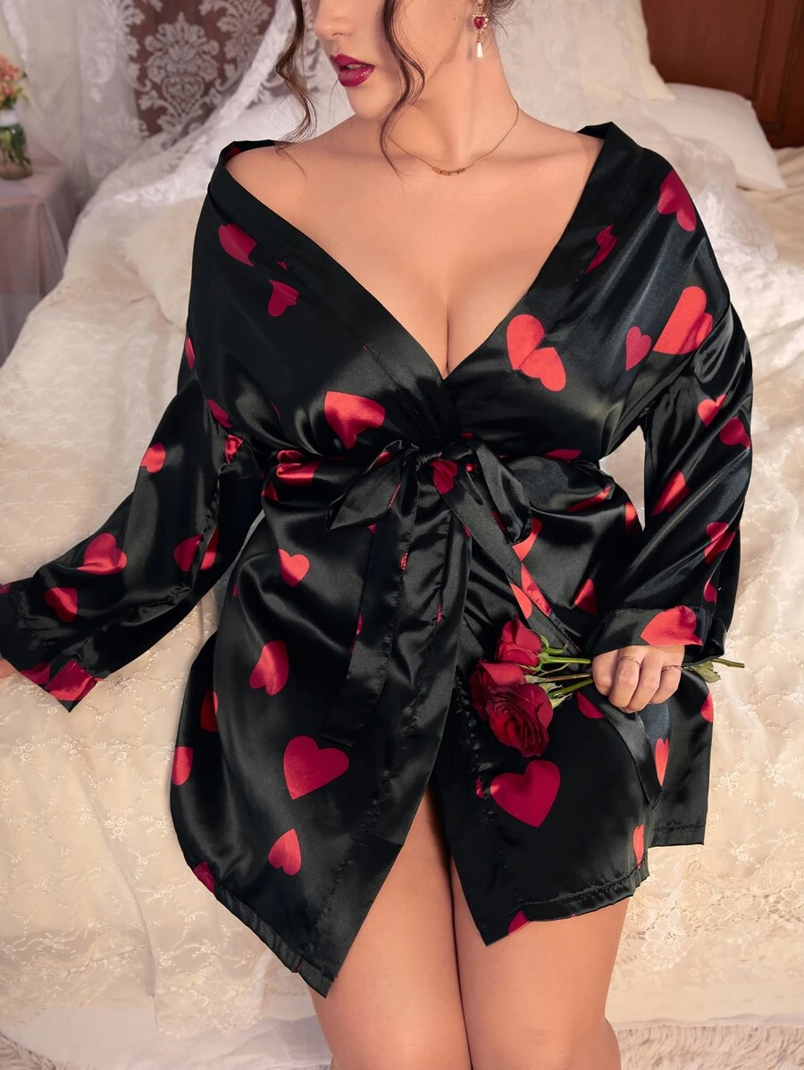 Bộ áo choàng & áo choàng kích thước lớn Thắt lưng Tim Thanh lịch - màu đen - Xem 1