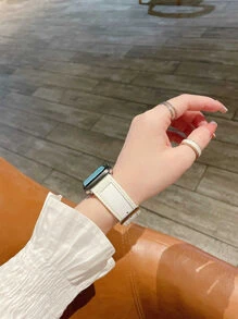 Stitch Detail Watchband Compatible With Apple Watch - Beige - View 3