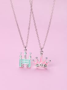 Chicas 2 piezas Collar con accesorio con diseño de diamante de imitación corona & castillo - Multicolor - Ver 2