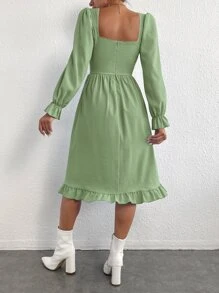 Square Neck Flounce Sleeve Ruffle Hem Dress - Mint Green - View 2