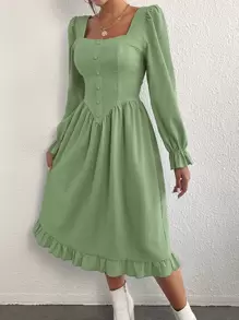 Square Neck Flounce Sleeve Ruffle Hem Dress - Mint Green - View 4