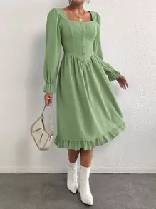 Square Neck Flounce Sleeve Ruffle Hem Dress - Mint Green - View 5