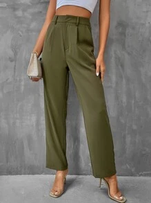 SHEIN LUNE Solid Fold Pleated Suit Trousers - Army Green - View 3