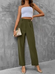 SHEIN LUNE Solid Fold Pleated Suit Trousers - Army Green - View 5