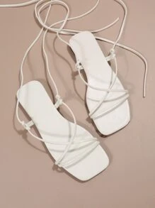 Tie Leg Design Strappy Sandals - White - View 4