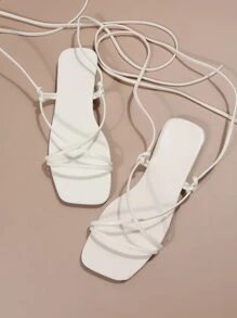 Tie Leg Design Strappy Sandals - White - View 6