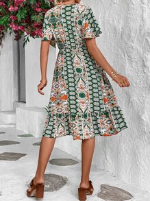SHEIN VCAY Allover Print Ruffle Hem Dress Without Belt - Green - View 2