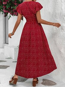 Breezaya Polka Dot Print Butterfly Sleeve Wrap Hem Dress - Burgundy - View 2