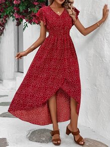 Breezaya Polka Dot Print Butterfly Sleeve Wrap Hem Dress - Burgundy - View 3