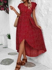 Breezaya Polka Dot Print Butterfly Sleeve Wrap Hem Dress - Burgundy - View 4