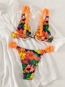 花卉印花荷葉邊下托式夏季海灘比基尼套裝 - 彩色 - 查看 7