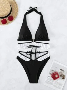 Conjunto de bikini de verano para la playa con cuello halter y triángulos con ribete de volantes - Negro - Ver 7