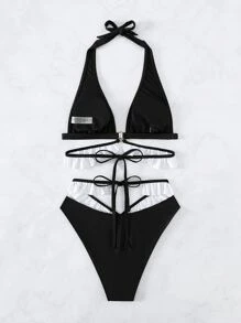Conjunto de bikini de verano para la playa con cuello halter y triángulos con ribete de volantes - Negro - Ver 4