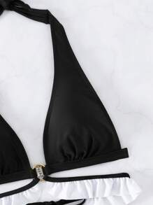 Conjunto de bikini de verano para la playa con cuello halter y triángulos con ribete de volantes - Negro - Ver 3