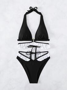 Conjunto de bikini de verano para la playa con cuello halter y triángulos con ribete de volantes - Negro - Ver 5