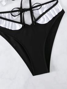 Conjunto de bikini de verano para la playa con cuello halter y triángulos con ribete de volantes - Negro - Ver 6