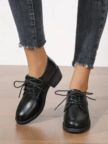 Lace-up Front Chunky Heeled Oxford Pumps - Black - View 1