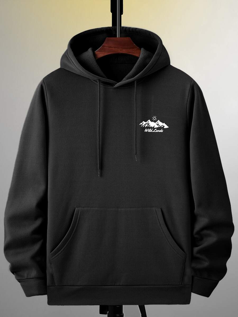 Manfinity Homme Men Letter Graphic Kangaroo Pocket Drawstring Thermal Hoodie - Black - View 1