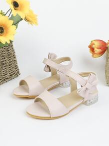 Girls Bow Decor Heeled Ankle Strap Sandals - Pink - View 5