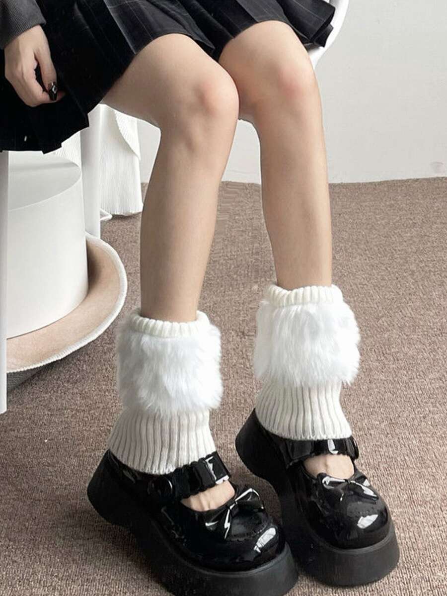 1 双暖腿套针织保暖内衬暖腿套可爱毛绒袖口大腿高筒袜 - 白色 - 查看 1