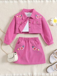 Young Girl Floral Embroidery Flap Pocket Jacket & Skirt & Tank Top
