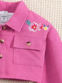 Young Girl Floral Embroidery Flap Pocket Jacket & Skirt & Tank Top