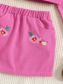 Young Girl Floral Embroidery Flap Pocket Jacket & Skirt & Tank Top