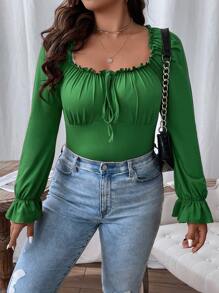 Celure Plus Ruched Bust Frill Trim Knot Front Flounce Sleeve Tee - Green - View 1