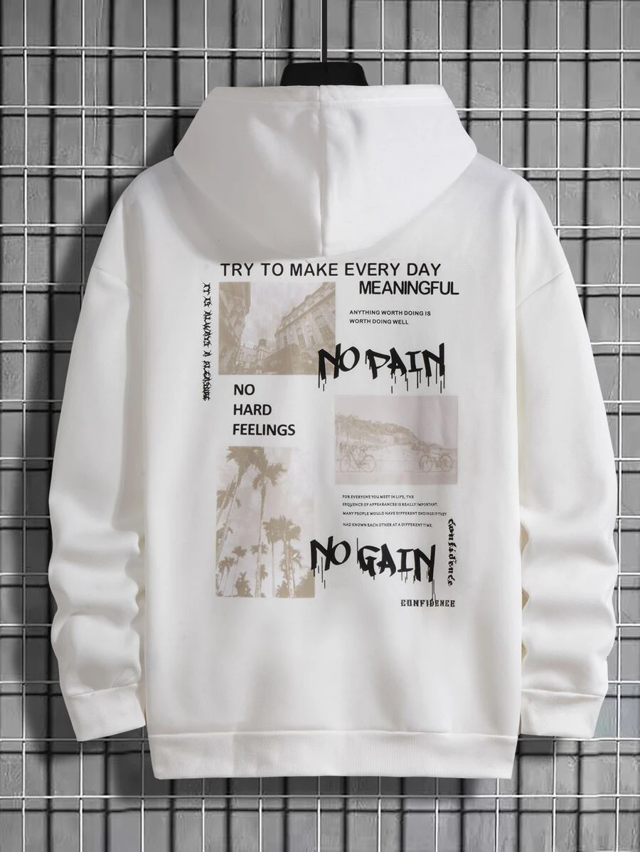 Manfinity Homme Loose-Fit Men's Thermal-Lined Hoodie With Slogan And Adjustable Drawstring - White - View 1